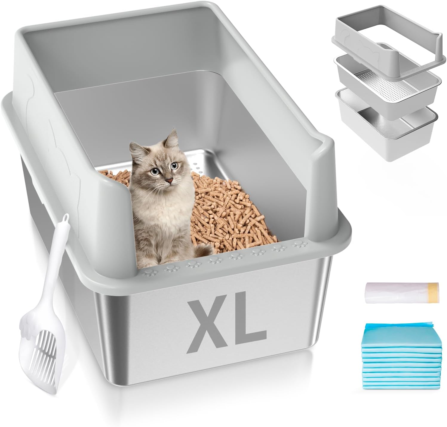 Stainless Steel Cat Litter Box with Lid, XL High Sided Metal Sifting Litter Box for Pine Pellets, Enclosed Sifting Box for Big Cats, Anti-Leakage, Easy Clean, Include Scoop, Liner, Pee Pad and Hook